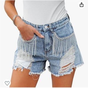 Denim Shorts Mid Rise Ripped Jeans Frayed Raw Hem Tassels Stretchy Jean Shorts